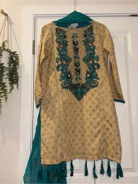 Gold and Teal Embroidered Women Kurta Bottoms Set